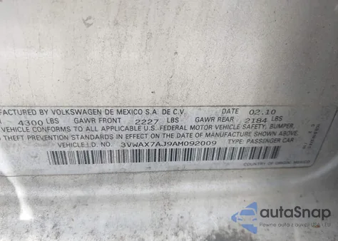 2010 Volkswagen Jetta Limited Edition z USA, uszkodzony, nr VIN 3VWAX7AJ9AM092009